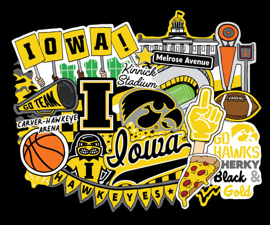 Iowa Hawkeyes NCAA College Doodle Panel 36"x43" Sammy Sykel Enterprises Cotton Fabric IA-2000