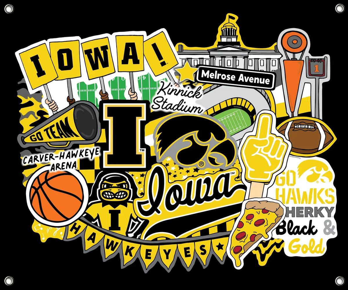 Iowa Hawkeyes NCAA College Doodle Spirit Banner 58x47 inches Sykel Enterprises 4 Grommets Polyester Fabric IA-5002