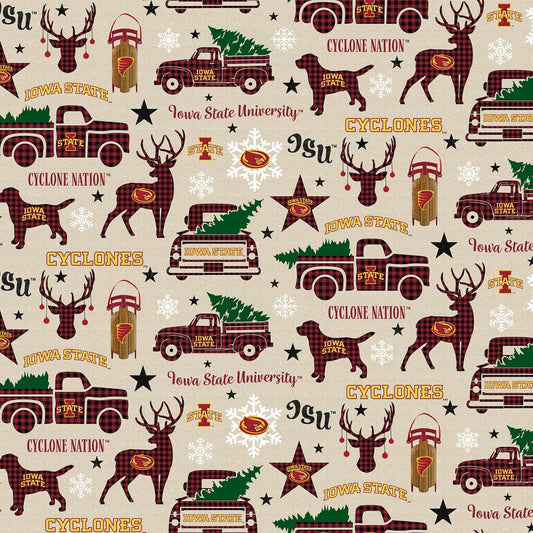Iowa State Cyclones NCAA College Christmas Holiday Beige Sykel Cotton Fabric ISU-1213