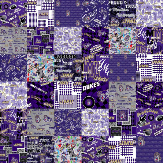 James Madison Dukes NCAA College Cheater Quilt Allover 60" Sykel Cotton Fabric JMU-1363