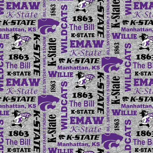 Kansas State Wildcats NCAA College Heather Verbiage Sykel Enterprises Polyester FLEECE Fabric KSU-1162