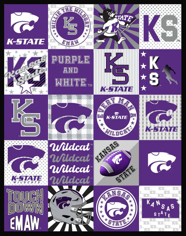 Kansas State Wildcat NCAA College Collegiate T-Shirt Panel 60"x60" Sykel Enterprises Polyester Minky Fabric KSU-1362