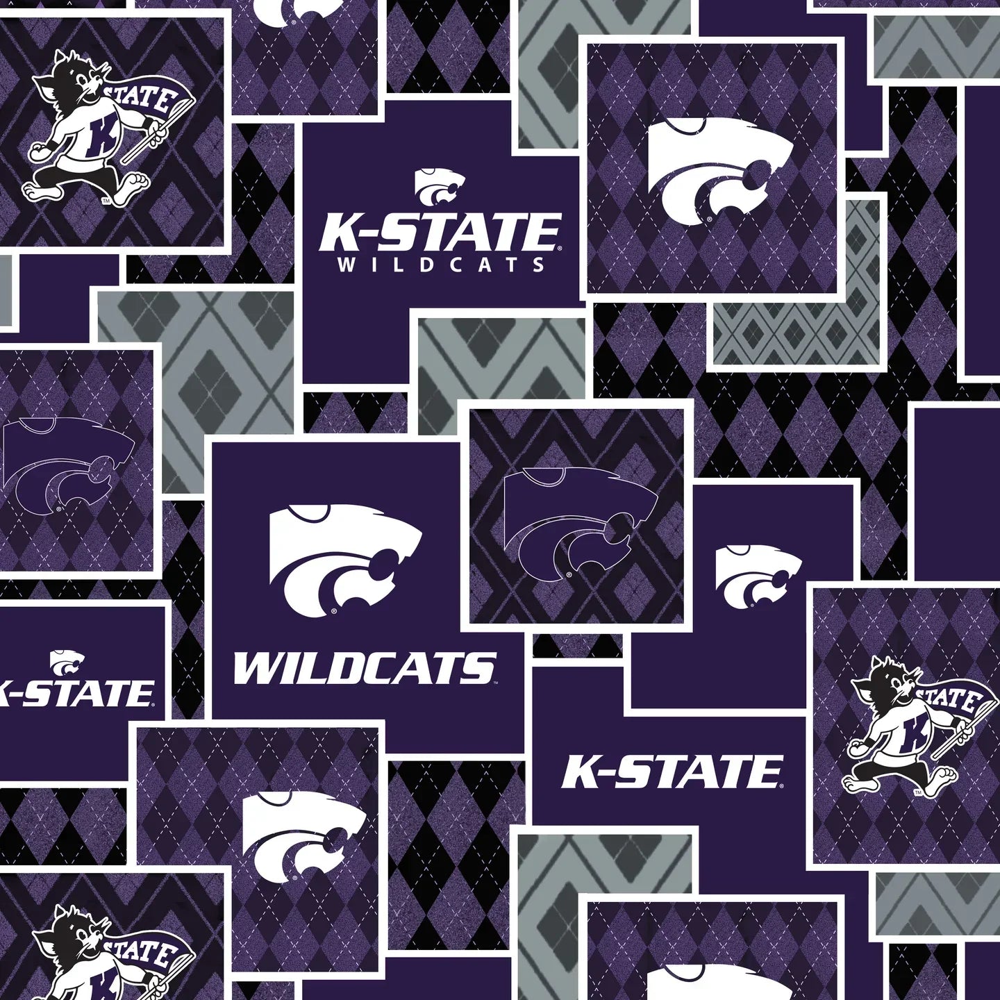 Kansas State Wildcats NCAA College Argyle Boxes Sykel Enterprises Cotton Fabric KSU-1371
