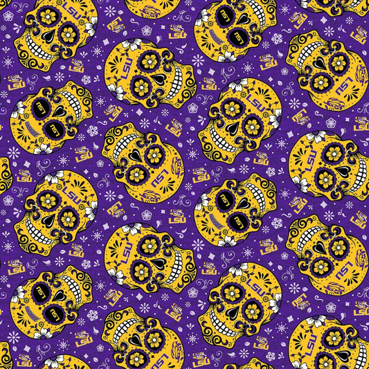 Louisiana State Tigers NCAA College Limited Run Sugar Skulls Sykel Cotton Fabric LSU-1193