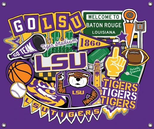 Louisiana State Univ LSU Tigers NCAA College Doodle Spirit Banner 58x47 inches Sykel Enterprises 4 Grommets Polyester Fabric LSU-5002