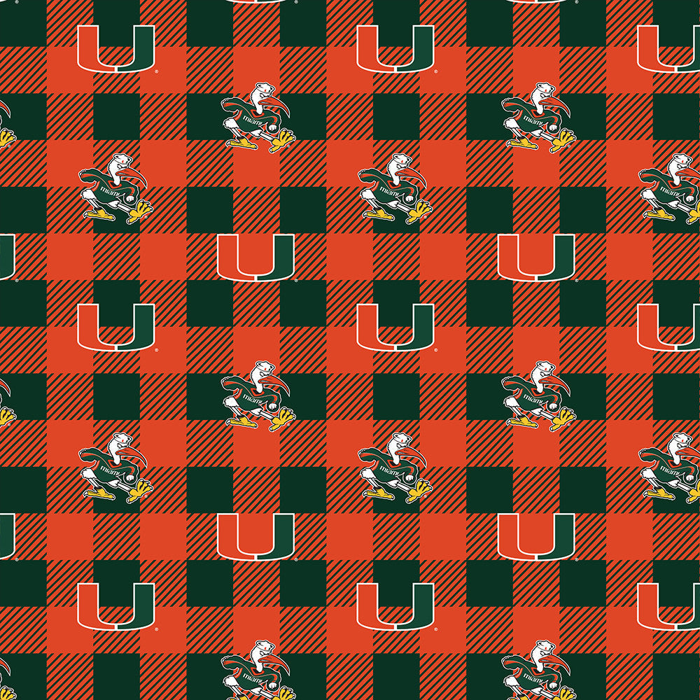 Miami Hurricanes NCAA College Buffalo Plaid Sykel Enterprises Polyester FLEECE Fabric MIA-1190