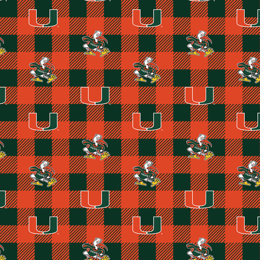 Miami Hurricanes NCAA College Buffalo Plaid Sykel Enterprises Polyester FLEECE Fabric MIA-1190