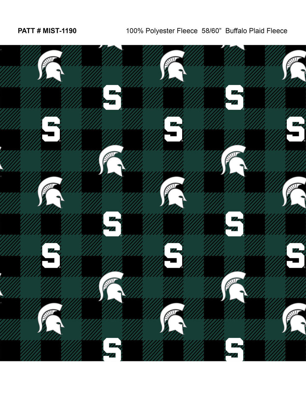 Michigan State Spartans NCAA College Buffalo Plaid Sykel Enterprises Polyester FLEECE Fabric MIST-1190
