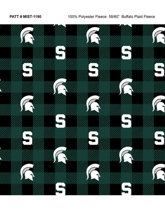 Michigan State Spartans NCAA College Buffalo Plaid Sykel Enterprises Polyester FLEECE Fabric MIST-1190