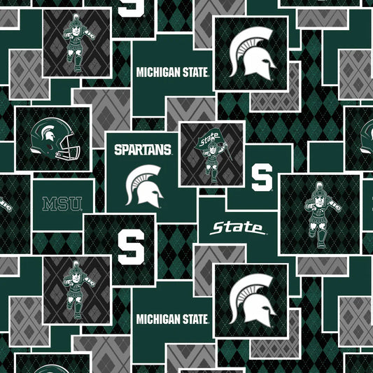 Michigan State Spartans NCAA College Argyle Boxes Sykel Cotton Fabric MIST-1371
