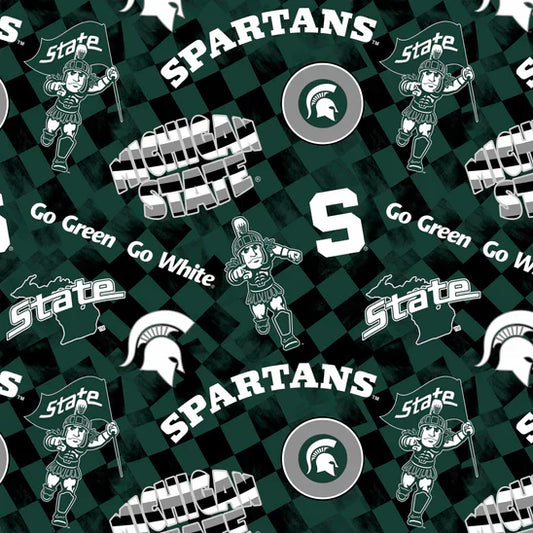 Michigan State Spartans NCAA College Check Allover Sykel Enterprises Cotton Fabric MIST-1370