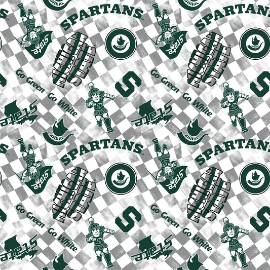 Michigan State Spartans NCAA College Checks Gray Sykel Enterprises Canvas Duck Cloth Cotton Fabric LSU-1380-GRAY