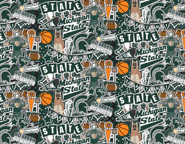 Michigan State Spartans NCAA College Doodle Sammy Sykel Cotton Fabric MIST-2001