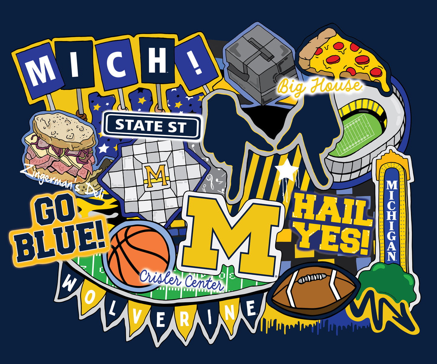 Michigan Wolverine NCAA College Doodle Panel 36" Sammy Sykel Enterprises Cotton Fabric MCHG-2000