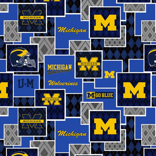 Michigan Wolverines NCAA College Argyle Boxes Blue Sykel Cotton Fabric MCHG-1371