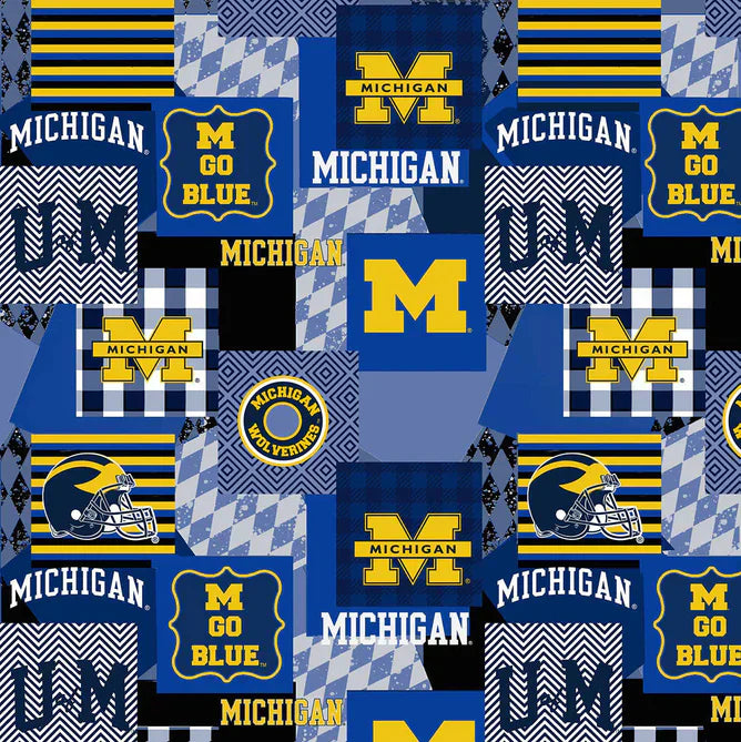 Michigan Wolverines NCAA College Patch Allover Blue Sykel 60" Polyester Minky Fabric MCHG-1367