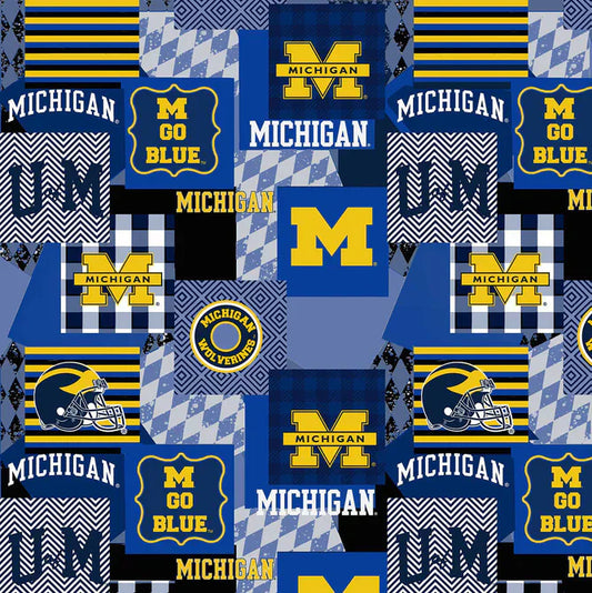 Michigan Wolverines NCAA College Patch Allover Blue Sykel 60" Polyester Minky Fabric MCHG-1367
