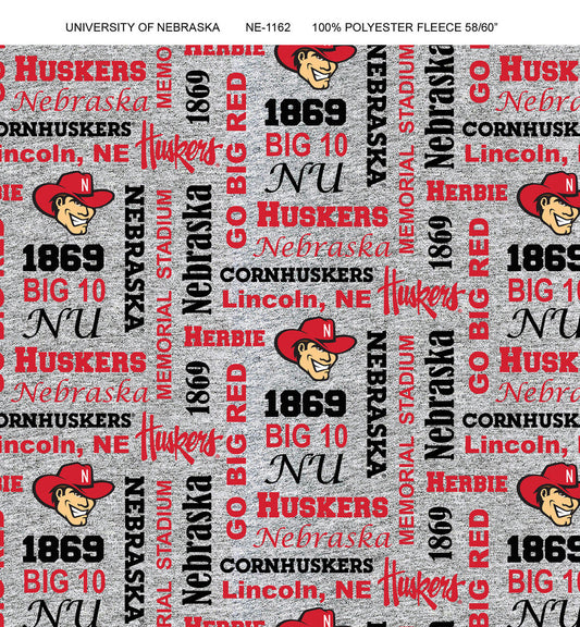 Nebraska Cornhuskers NCAA College Heather Verbiage Sykel Enterprises Polyester FLEECE Fabric NE-1162