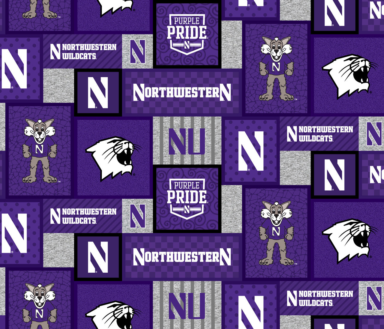 Northwestern Wildcats NCAA College Patch Sykel Enterprises Polyester FLEECE Fabric NWS-1177