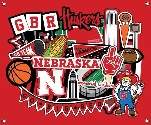 Nebraska Cornhuskers Blackshirts NCAA College Doodle Spirit Banner 58x47 inches Sykel Enterprises 4 Grommets Polyester Fabric NE-5002