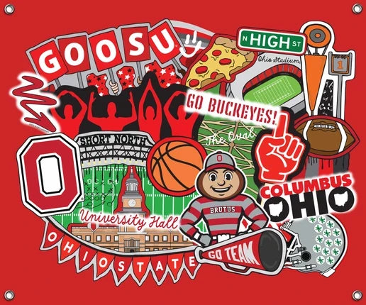 Ohio State Buckeyes NCAA College Doodle Spirit Banner 58x47 inches Sykel Enterprises 4 Grommets Polyester Fabric OHS-5002