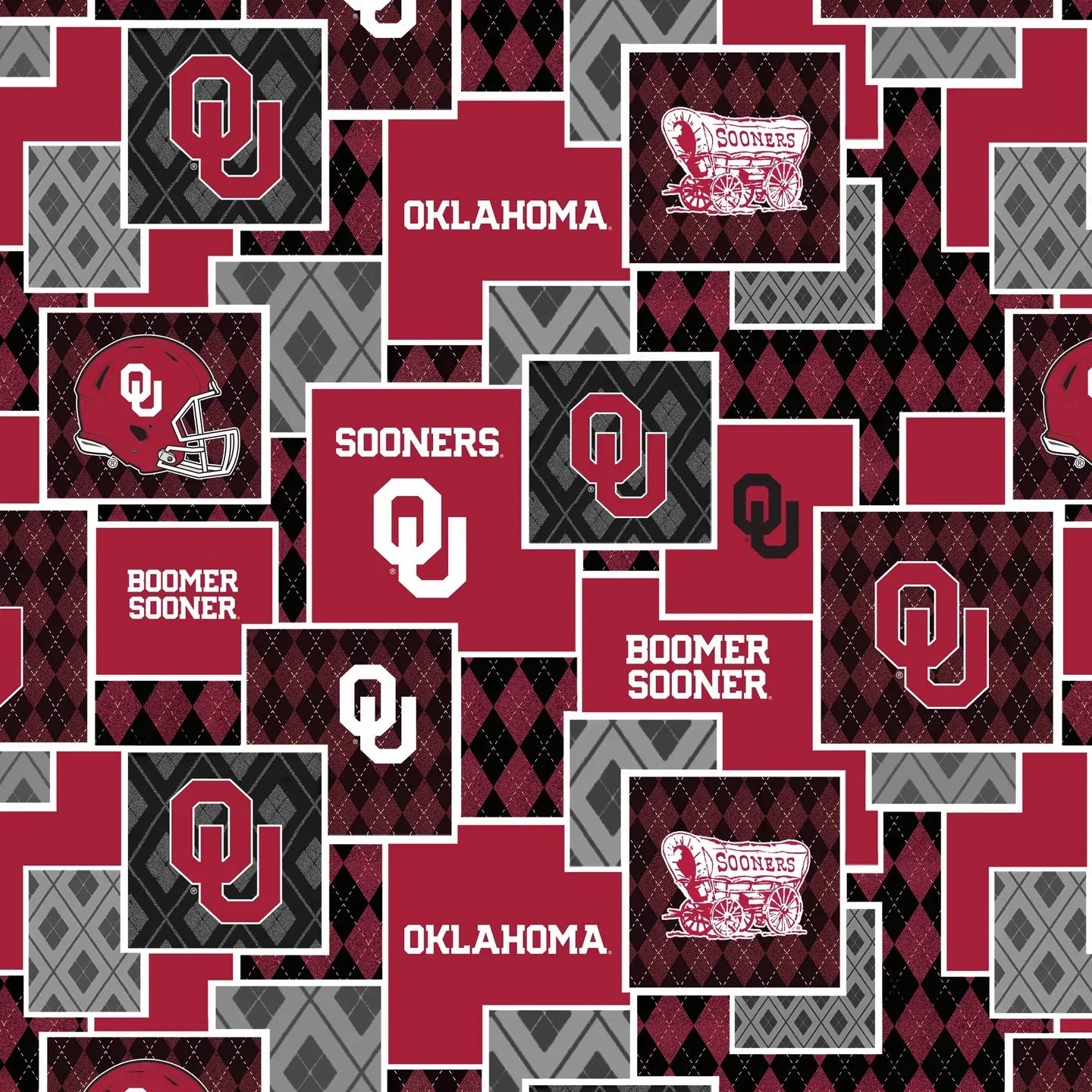 Oklahoma Sooners NCAA College Argyle Boxes Sykel Enterprises Cotton Fabric OU-1371