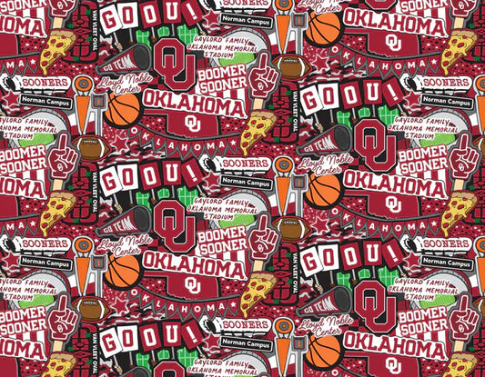 Oklahoma Sooners NCAA College Doodle Allover Sammy Sykel Cotton Fabric OU-2001