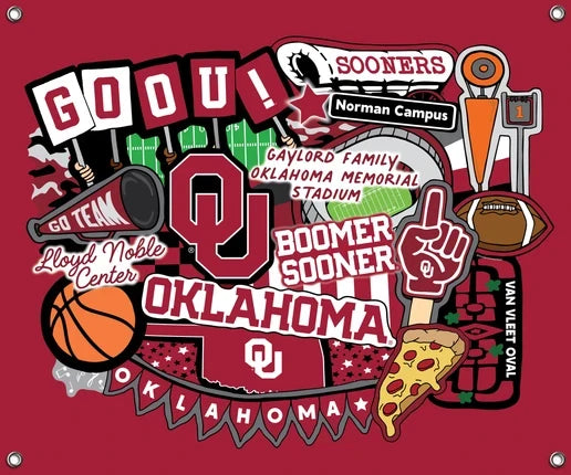 Oklahoma Sooners NCAA College Doodle Spirit Banner 58x47 inches Sykel Enterprises 4 Grommets Polyester Fabric OU-5002