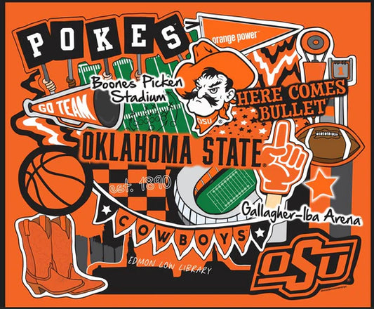 Oklahoma State Cowboys NCAA College Doodle Panel 36" Sykel Enterprises Cotton Fabric OSU-2000