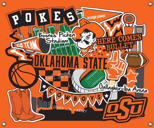 Oklahoma State Sooners NCAA College Doodle Spirit Banner 58x47 inches Sykel Enterprises 4 Grommets Polyester Fabric OSU-5002