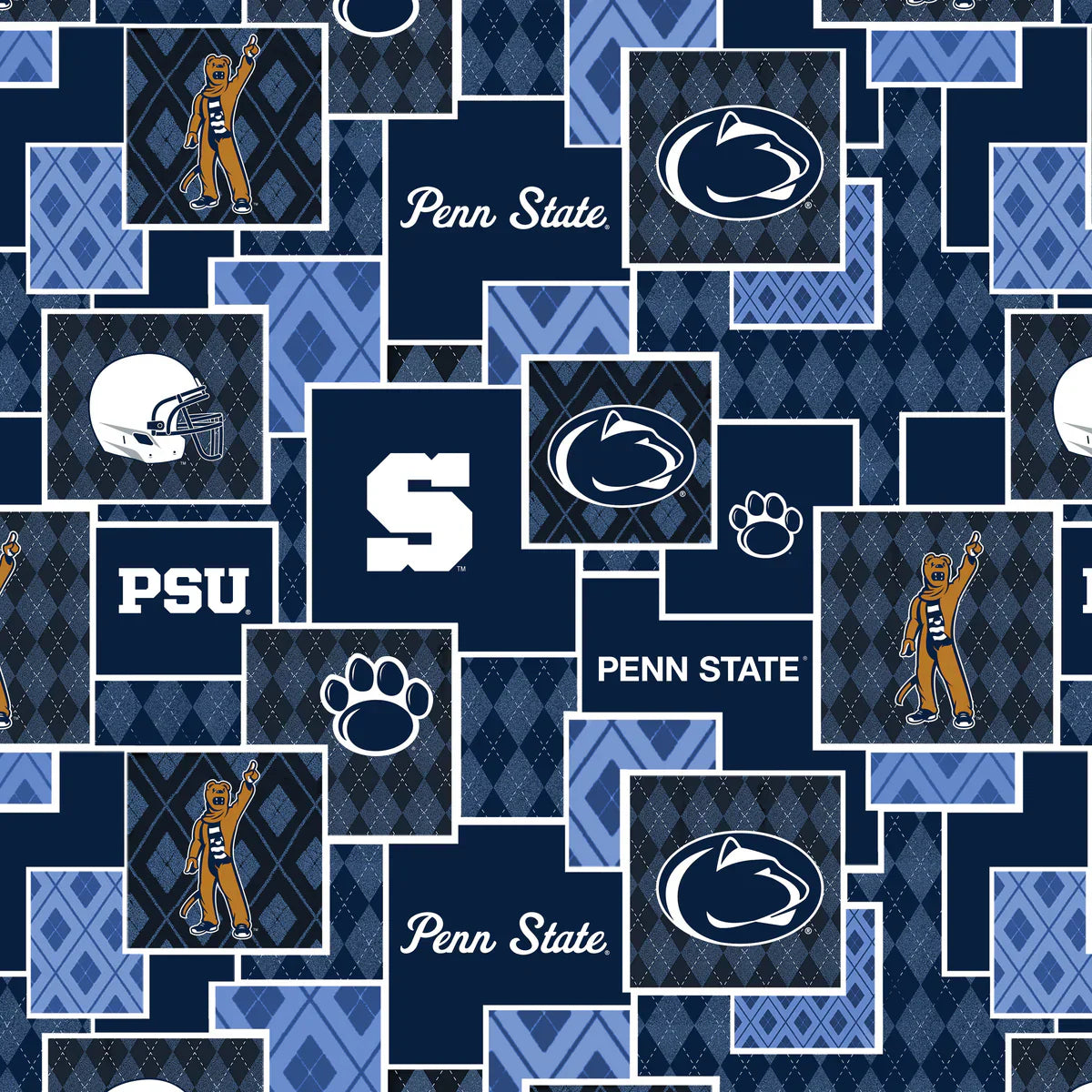 Penn State Nittany Lions NCAA College Argyle Boxes Sykel Cotton Fabric PS-1371