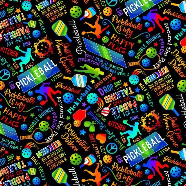Elite Athlete Pickleball Words Blue Gail Cadden Timeless Treasures Cotton Fabric TT-GAIL-CD2274-BLACK