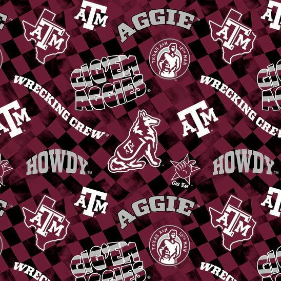 Texas A&M Aggies NCAA College Check Allover Sykel Cotton Fabric TAM-1370