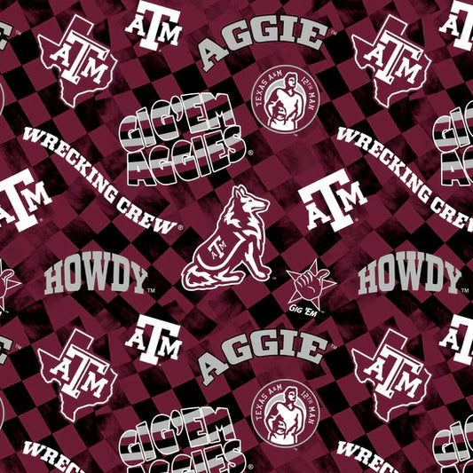 Texas A&M Aggies NCAA College Check Allover Sykel Cotton Fabric TAM-1370