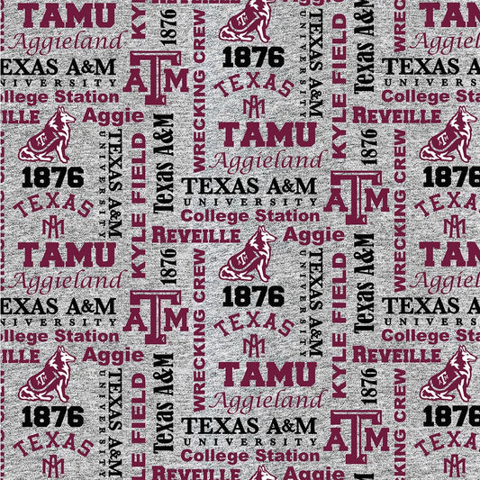 Texas A&M Aggies NCAA Collegiate Heather Verbiage Sykel Enterprises Polyester FLEECE Fabric TAM-1162