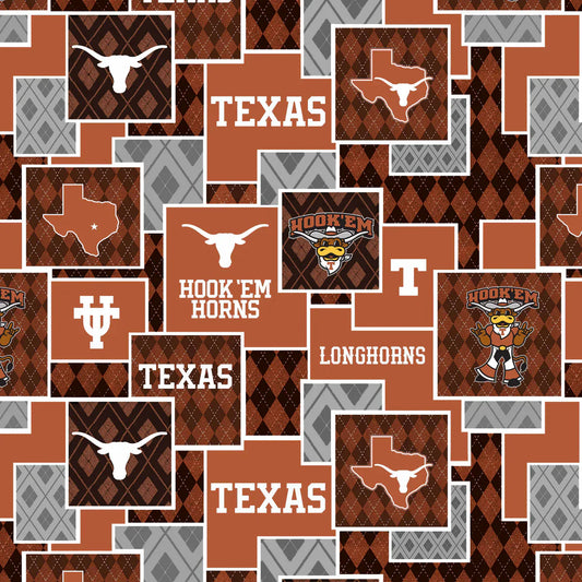 Texas Longhorns NCAA College Argyle Boxes Sykel Cotton Fabric TX-1371