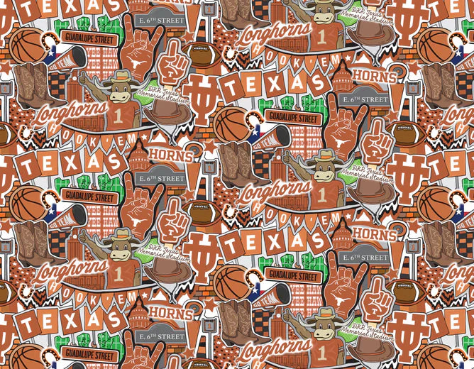 Texas Longhorns NCAA College Doodle Allover Sammy Sykel Cotton Fabric TX-2001