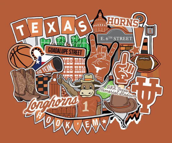 Texas Longhorns NCAA College Doodle Panel 36" Sammy Sykel Enterprises Cotton Fabric TX-2000