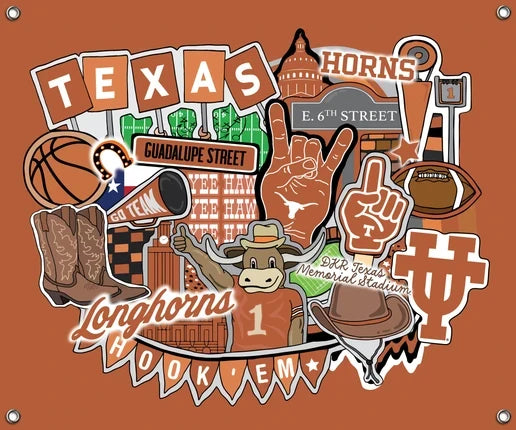 Texas Longhorns NCAA College Doodle Spirit Banner 58x47 inches Sykel Enterprises 4 Grommets Polyester Fabric TX-5002
