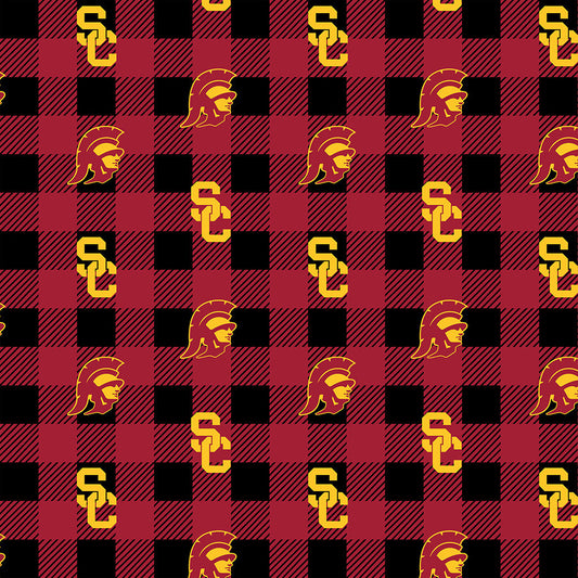 University of Southern California Trojans NCAA College Buffalo Plaid Sykel Enterprises Polyester FLEECE Fabric USC-1190