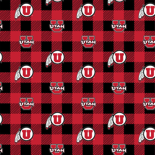 Utah Utes NCAA College Buffalo Plaid Sykel Enterprises Polyester Fleece Fabric UTA-1190