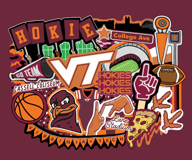 Virginia Tech Hokies NCAA College Doodle Panel 36" Sammy Sykel Enterprises Cotton Fabric VT-2000