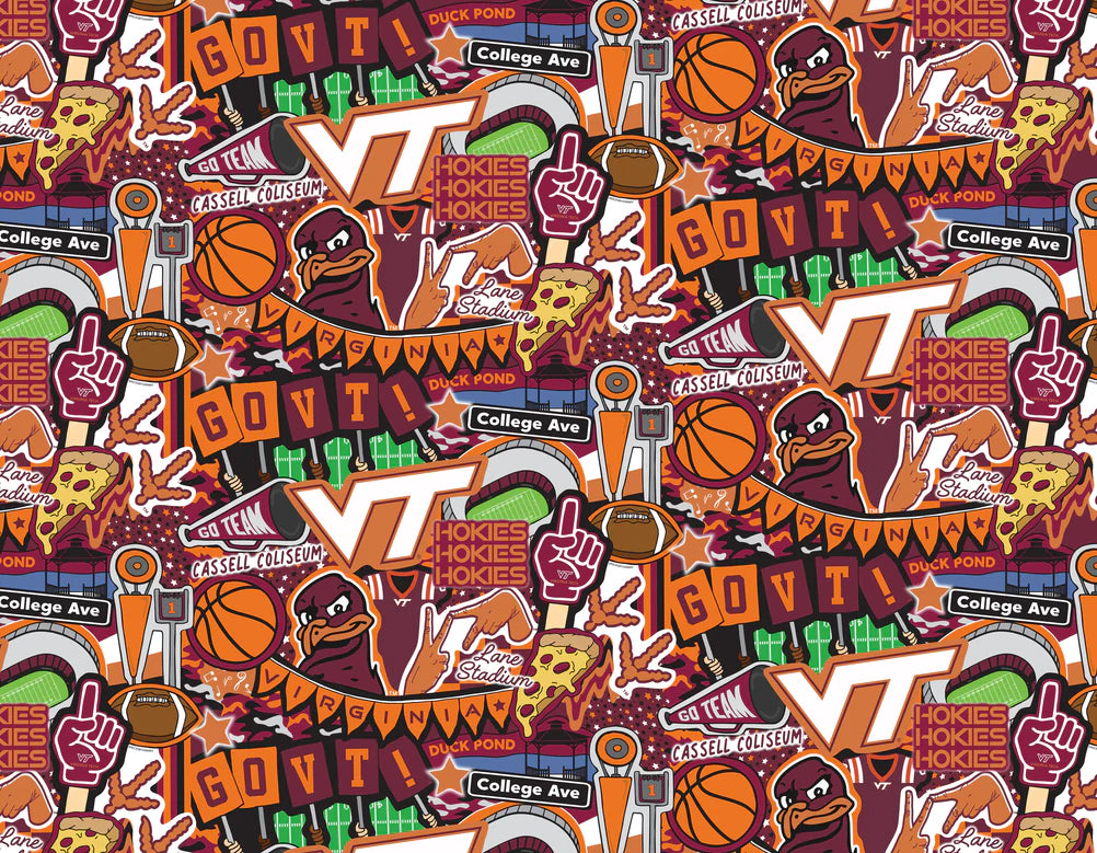 Virginia Tech Hokies NCAA College Doodle Allover Sammy Sykel Cotton Fabric VT-2001