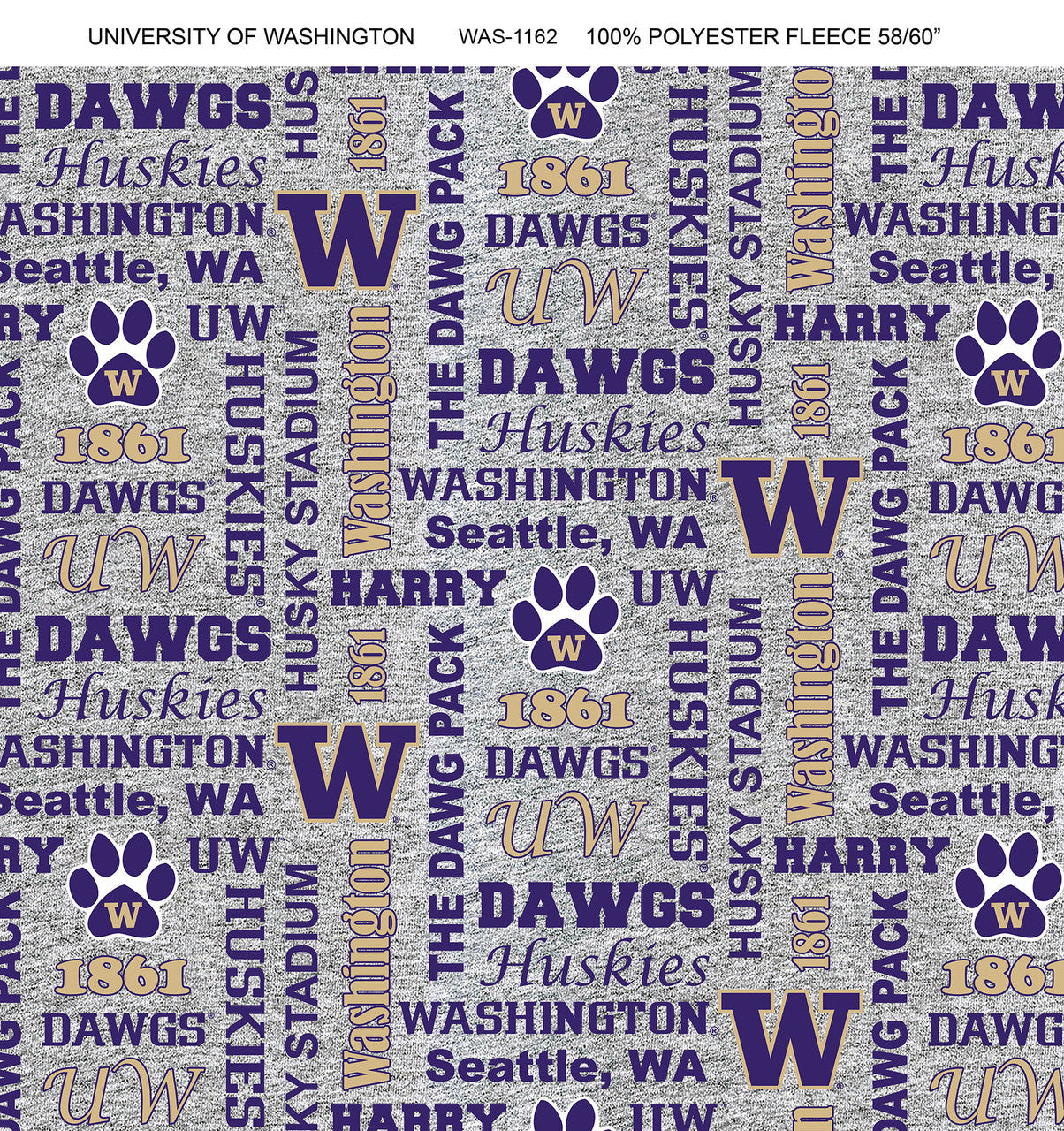 University of Washington Verbiage Heather Grey Fleece Design-Sold by the Yard