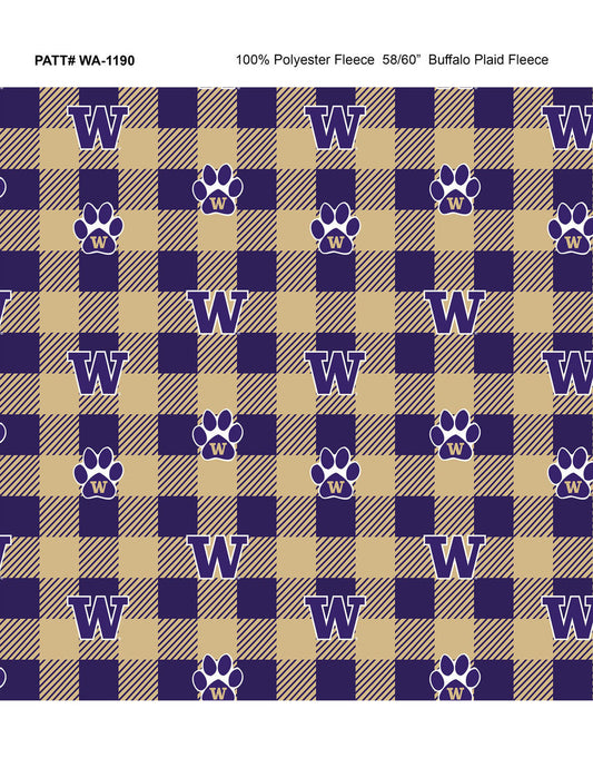 Washington Huskies NCAA College Buffalo Plaid Sykel Enterprises Polyester Fleece Fabric WA-1190