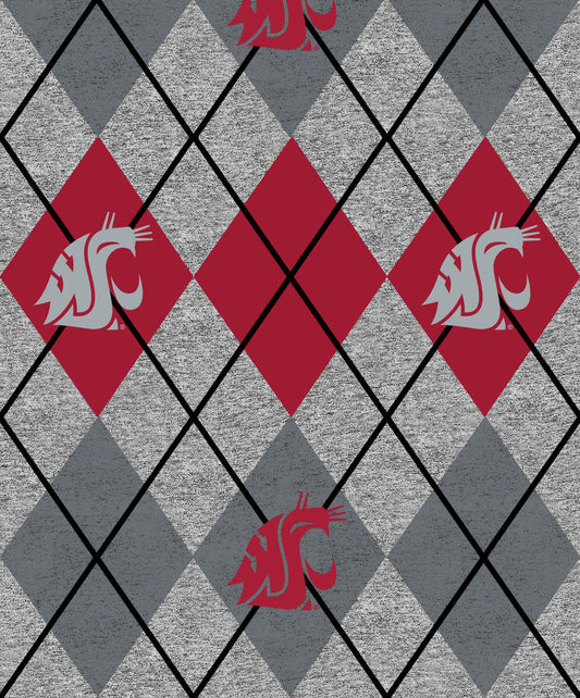 Washington State University Heather Grey Argyle Fleece Fabric-Sold by the Yard