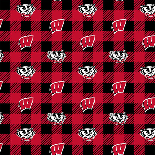 Wisconsin Badgers NCAA College Buffalo Plaid Sykel Enterprises Polyester Fleece Fabric WIS-1190