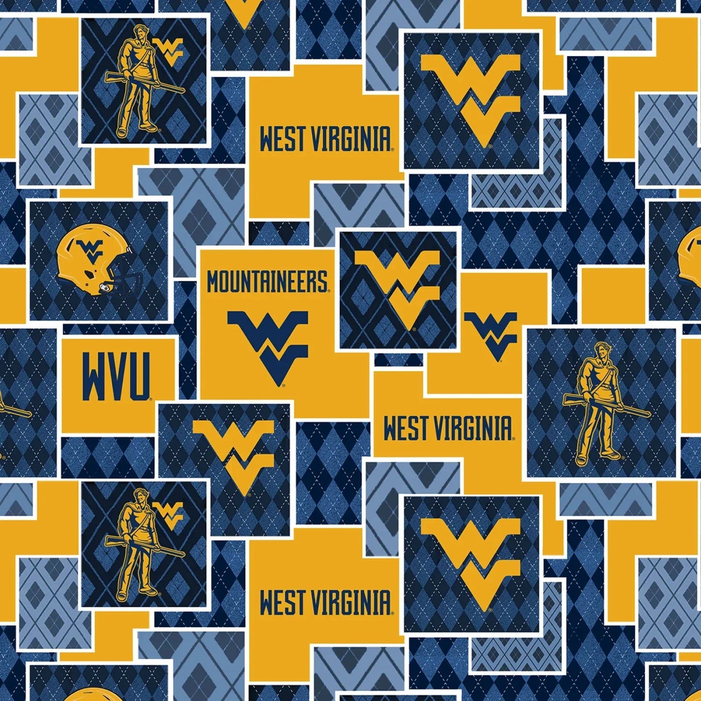 West Virginia Mountaineers NCAA College Argyle Boxes Sykel Enterprises Cotton Fabric WV-1371