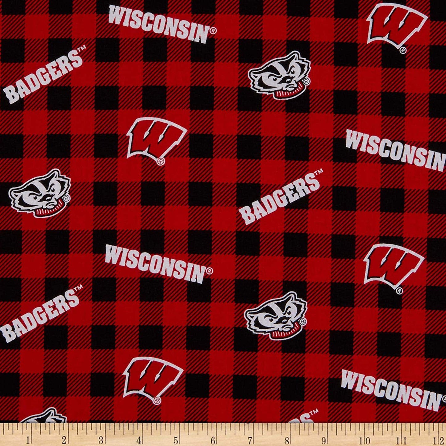 Wisconsin Badgers NCAA College Buffalo Plaid Sykel Cotton Fabric WIS-1207