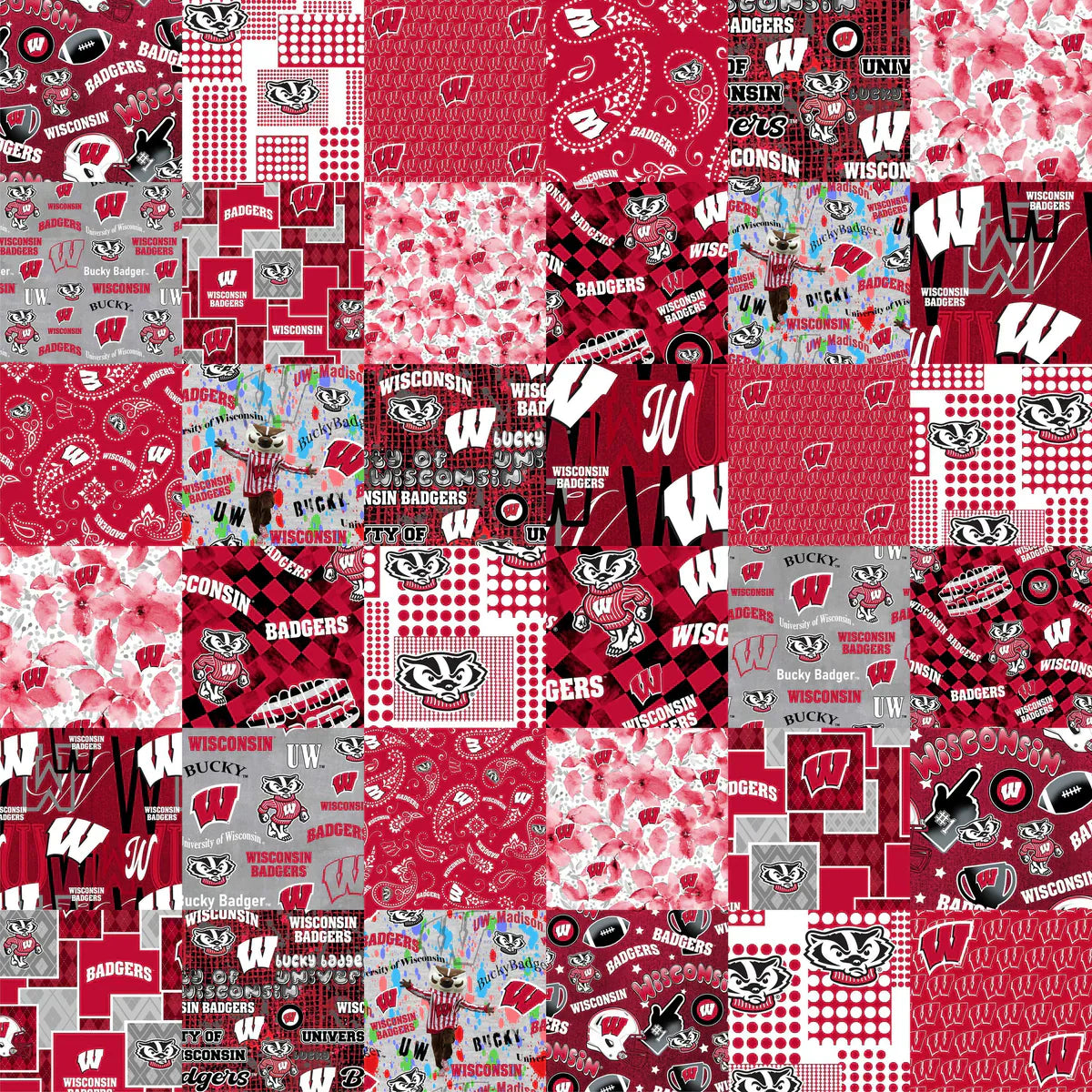 Wisconsin Badgers NCAA College Cheater Quilt Allover 60" Sykel Cotton Fabric WIS-1363